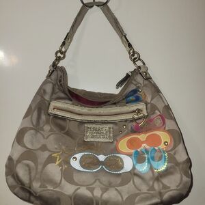 Coach Tan Signature Canvas Hobo with Colorful Sunglasses Charms
